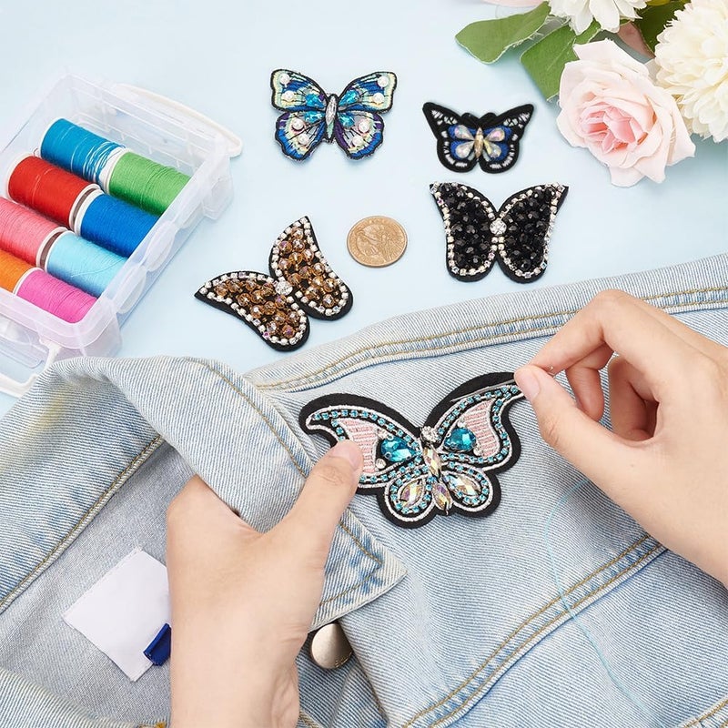 AHANDMAKER 5Pcs Rhinestone Butterfly Beaded Applique Patches, 5 Style Butterfly Sew On Rhinestone Beaded Patches Decorative Applique Patch for DIY Craft Party Dress Jeans Jackets Clothing Accessory - Image 3